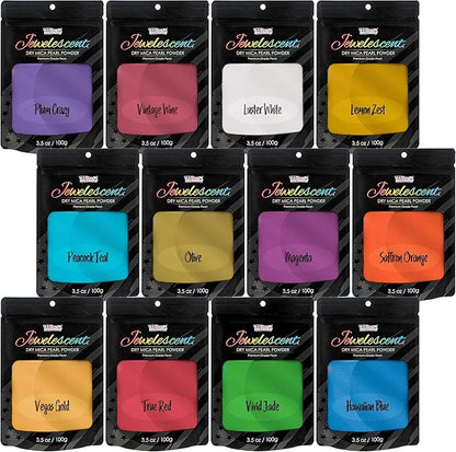 U.S. Art Supply Jewelescent Mica Pearl Pigment Powder Kit, 12 Deluxe Colors, 3.5 oz (100g) Pouches - Cosmetic Grade, Epoxy Resin Color Pigment, Mica Powder for Resin, Soap, Slime, Candle Dye, Art