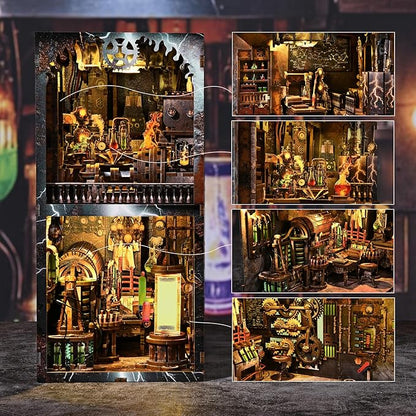 Book Nook Kit - DIY Miniature House Dollhouse Kit for Adults and Teens, Steampunk Booknook Tiny House Bookshelf Decor 3D Wooden Puzzle (Mad Scientist Lab)