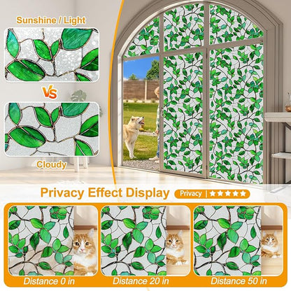 Window Privacy Film Stain Glass Window Film Rainbow Window Film Window clings Non-Adhesive Reusable Decorative for Room (Frosted Greenery Leaf, 35.4 x 78.7 in)