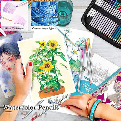 Soucolor 73 Pack Art Supplies Sketching Kit for Adults Kids Teen Gifts, Christmas Gifts, Drawing Sketching Pencils with Sketchbook, Coloring Book, Colored Watercolor Metallic Graphite Charcoal Pencils