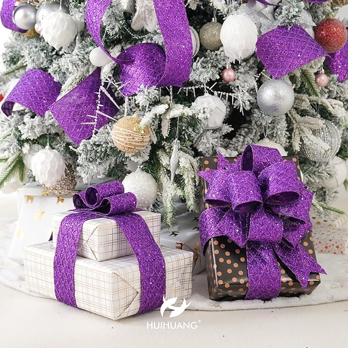 HUIHUANG Purple Wired Ribbon for Christmas Tree 2.5 inch Purple Glitter Diamond Mesh Ribbon for Tree Decoration, Wreaths, Garland, Gift Wrapping, Large Bows Making, Halloween Decor -10 Yards