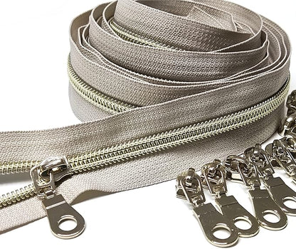 Leekayer #5 Light Gold Teeth Metallic Nylon Coil Zippers by The Yard Bulk 10 Yards Beige Tape with 25pcs Gold Sliders for DIY Sewing Tailor Craft Bag(Beige)