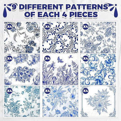 Crtiin 36 Pack 9 Styles Decoupage Napkins Assorted Floral Decorative Decoupage Napkins Chinoiserie Cocktail Paper for DIY Crafting Birthday Party, Each Unfolded 13 Inch(Blue Floral)