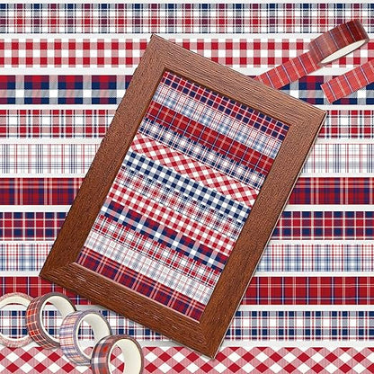 12 Rolls Basic Grid Washi Tape Set, Red Blue White Plaids Decorative Paper Stickers for Thanksgiving Christmas Independence Day Scrapbook Journaling DIY Art Crafts Gift Wrapping 16.4FT