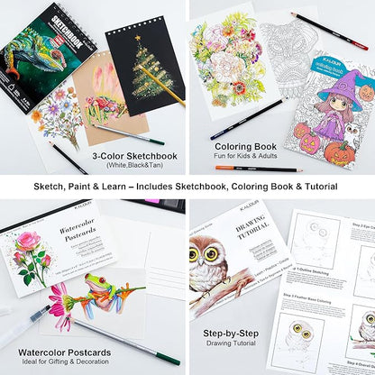 KALOUR 135 Drawing Set Sketching Kit,Art Supplies with 3-color Sketchbook & Coloring Paper,Include Tutorial, Oil Based, Neon,Graphite, Charcoal, Watercolor & Metallic Pencil,for Artist Adults Beginner