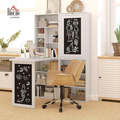 HOMCOM Fold-Out Convertible Writing Table, Wall Mount Desk Cabinet with Blackboard and Side Shelf Multi-Function Home Office Workstation, White