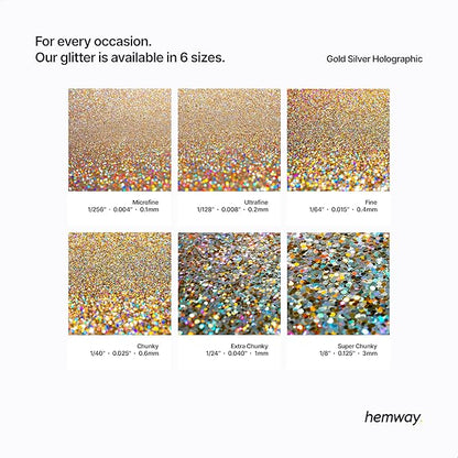 Hemway Polyurethane & Epoxy Resin Glitter 100g / 3.5oz Metallic Crystal Flake Additive for Flooring Jewelry Tumblers Glass Pigment - Chunky (1/40" 0.025" 0.6mm) - Gold Silver Holographic