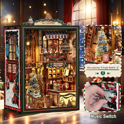 ISSEVE Book Nook Kit - DIY Miniature House Kit for Adults Teens Beginners, Christmas Dollhouse Booknook with Music Mechanism Tiny House Bookshelf Decoration 3D Wooden Puzzles (Christmas Shop)