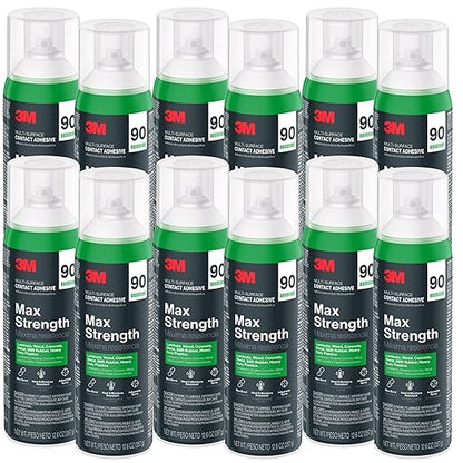 3M Max Strength 90 Contact Adhesive Spray, 12.6 oz (Pack of 12) – Low VOC Heavy Duty Glue with Adjustable Nozzle, Heat & Water Resistant Bond for Metal, Wood, Plastic, Laminate, Concrete