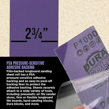Dura-Gold Premium 1000 Grit PSA Purple Film Ceramic Longboard Sandpaper, 2-3/4" Wide Continuous 20 Yard Roll - Self Adhesive Stickyback for Auto & Wood Air File Long Board Sanders, Hand Sanding Blocks