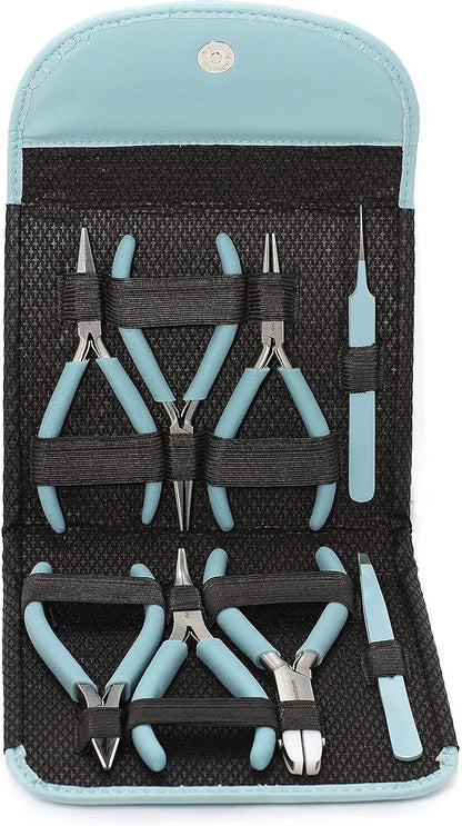 The Beadsmith Fashion Color Pliers – Set of 8 Slimline Color-Coordinated Tools – Matching Clutch in Light Blue – Jewelry Making Supply Kit to Create Necklaces, Bracelets, Earrings & More