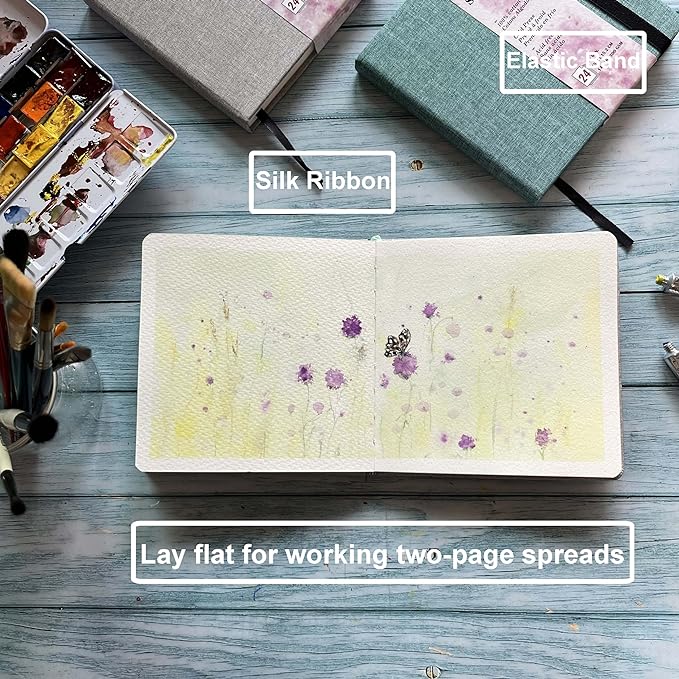 tumuarta Square Watercolor Sketchbook, 6x6”, 140 LB, 300GSM, 100% Cotton Paper, Cold Press, 24 Sheets,48 Pages, Plein Air Watercolor Journal For Use As Travel Sketch book and Mixed Media Pad On The Go