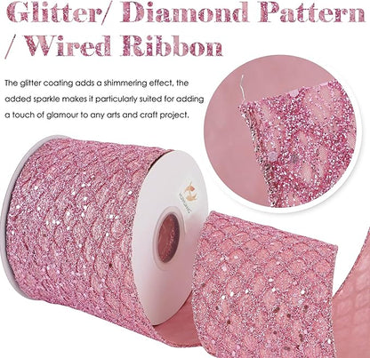 HUIHUANG Pink Wired Christmas Ribbon 4 inch Light Pink Glitter Wired Ribbon Diamond Mesh Wire Ribbon for X-mas Tree Decorations, Wreaths, Garland, Large Bows Making, Home Decor -10 Yards