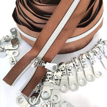 Leekayer #5 Metallic Silver Nylon Coil Zippers by The Yard Bulk 10 Yards Brown Zipper Tape with 25pcs Silver Sliders for DIY Sewing Tailor Craft Bag(Brown)