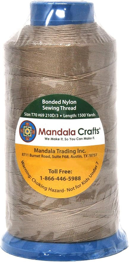 Mandala Crafts Bonded Nylon Thread Khaki Heavy Duty Sewing Threads - 1500 YDs Size 69 210D T70 Tex 70 Thread for Leather Jeans Weaving Outdoor Marine Upholstery Threads