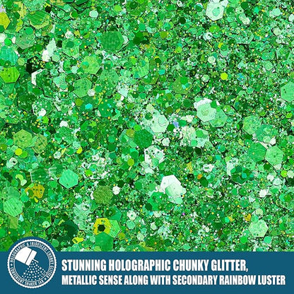 Holographic Chunky Glitter, 5.64oz/160g Craft Glitter Powder Mixed Chunky Flakes, Iridescent Sequins for Nail Art, Hair, Body, Epoxy Resin, Tumblers, Slime, Painting, Festival Decor (Jade Green)