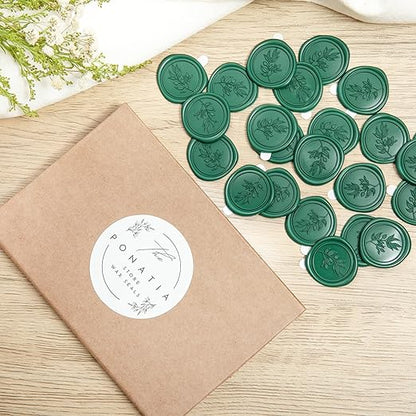 PONATIA 50 Pcs Emerald Green Wax Seal Stickers - Self- Adhesive Wedding Seal Stickers, Perfect for Invitation Cards, Envelopes Christmas Cards, Gift Wrapping, Party Menu Decor