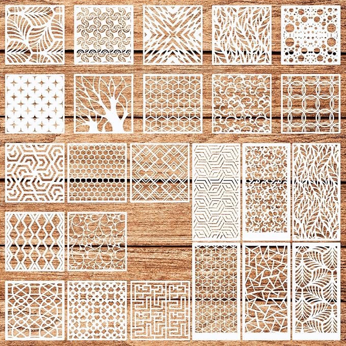 WSICSE 24Pcs Stencils for Painting, Reusable Geometric Painting Stencils Abstract Layering Stencil for Painting on Wood Canvas Furniture Floor Decor DIY Supplies, white
