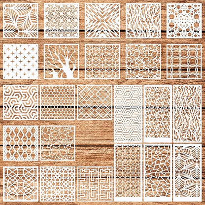 WSICSE 24Pcs Stencils for Painting, Reusable Geometric Painting Stencils Abstract Layering Stencil for Painting on Wood Canvas Furniture Floor Decor DIY Supplies, white