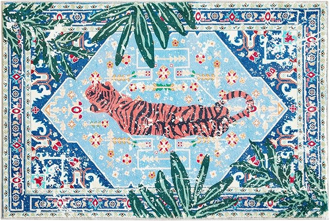 Washable Blue Rugs Thin Oriental Boho Vintage Tropical Jungle 8x10 Area Rugs for Bedroom Kitchen Dining Living Room Office Distressed Indoor Large Carpet