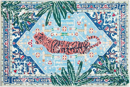 Washable Blue Rugs Thin Oriental Boho Vintage Tropical Jungle 8x10 Area Rugs for Bedroom Kitchen Dining Living Room Office Distressed Indoor Large Carpet