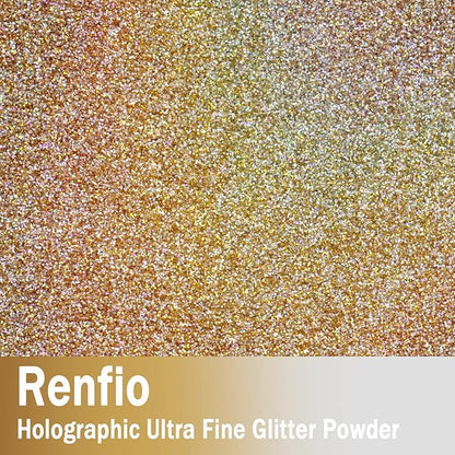 Renfio Holographic Ultra Fine Glitter Powder Metallic Resin Glitter 2.11 Oz (60g) PET Flakes Crafts Sequins 1/128" 0.008" 0.2mm Epoxy Chips Flakes for Tumblers Slime - Laser Gold & Silver