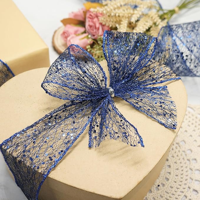 CT CRAFT LLC Sparkling Glitter Mesh Wired Ribbon 2.5" x 10 Yards Blue Navy for Christmas Home Decor Bow Gift Wrapping DIY Crafts Wreath