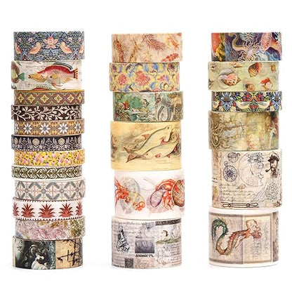 Vintage Washi Tape Set - 24 Rolls Arts Adhesive Tapes Assorted Retro Decorative Masking Tape Sets for Craft, Kids, Scrapbook, DIY, Gift Wrapping (3-Ocean Odyssey)