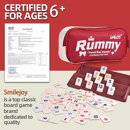 Mini Rummy Cube Six Player Edition, Travel Rummy Game Set with Portable Canvas Bag,Classic Board Game for Adults and Kids |160 Tiles|6 Playing Racks|1 Dice (2-6 Player)