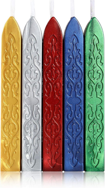 Yoption 5 Colors Sealing Wax Sticks, Vintage Totem Fire Manuscript Wax Seal Sticks with Wicks for Wax Seal Stamp (Gold+Silve+Red+Green+Blue)
