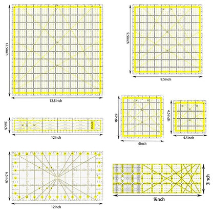 Quilting Rulers, 7 Piece Acrylic Ruler (12.5"X12.5", 9.5"X9.5", 6"X6", 4.5"X4.5",12"x6.5",9"x3",12"x2"), Sewing & Quilting Templates