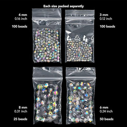 275 pcs Set of Czech Faceted Glass Beads, Fire-Polished Round Crystal Vitrail - 3mm (100pcs), 4mm (100pcs), 6mm (50pcs), 8mm (25pcs) kit for Jewelry Making