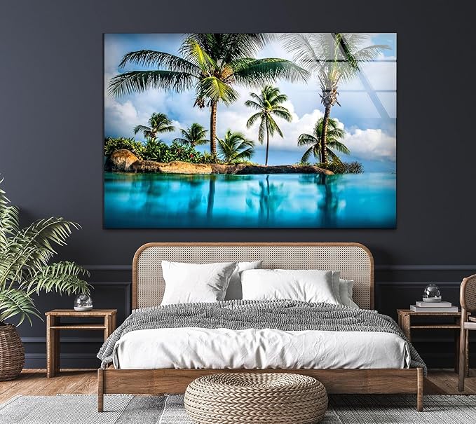 My Photostation.com 43Wx27H'' Island & Blue Sea Glass Wall ArtTempered Glass Printing Wall Decor Large Wall Art Wall Hangings