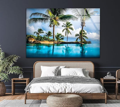 My Photostation.com 60WX40H'' Island & Blue Sea Glass Wall ArtTempered Glass Printing Wall Decor Large Wall Art Wall Hangings