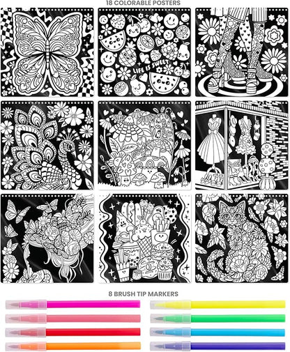 Fashion Angels Color Pop Poster Set, Includes 18 Posters & 8 Brush Tip Markers for Kids, Tweens & Teens, Perfect for Arts & Crafts, Coloring & DIY Room Decor