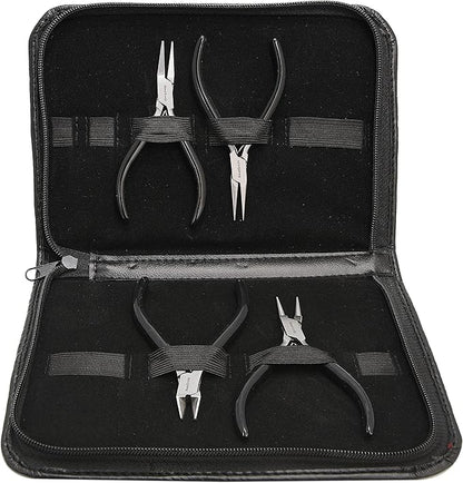 The Beadsmith Slim Line Pliers Set – Extra Fine Tips – 4.5 Inches, 4-Pieces: Round Nose, Chain Nose, Flat Nose & Semi-flush Side Cutter – Leatherette Carrying Case Included – Tools for Jewelry Making