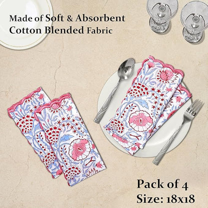 Ridhi Pigeon Blue Hand Block Print Napkins 18" x 18" Set of 4 Reusable Cotton Dinner Napkins for Weddings, Parties & Everyday Dining, Thanksgiving, Christmas, Fall