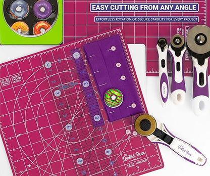 The Quilted Bear Rotating Cutting Mat 12" x 12" - Locking & Rotating Self Healing Cutting Board for Sewing, Fabric & Quilting - 360 Degree Sewing Supplies Mat for Craft Table (Pink)