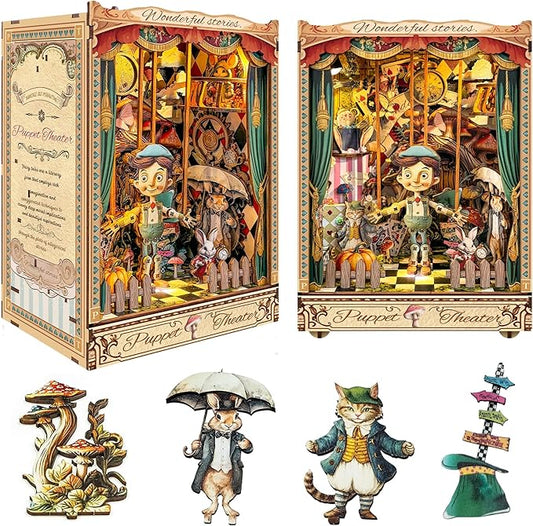 [2025 New] Puppet Theater Book Nook Kit with Dust Cover & LED Light, DIY Miniature House Kit Toy, 3D Wooden Puzzle Bookshelf Decor Building Kit, Birthday Gifts for Family & Friends