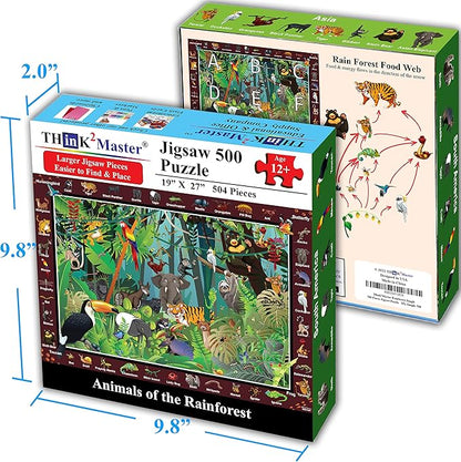 Think2Master Colorful Rainforest Jungle Zoo Animals 500 pieces Large Format Jigsaw Puzzle for kids 12+, teens, adults & families. Great gift for stimulating learning about animals. Size: 26.8” X 18.9”
