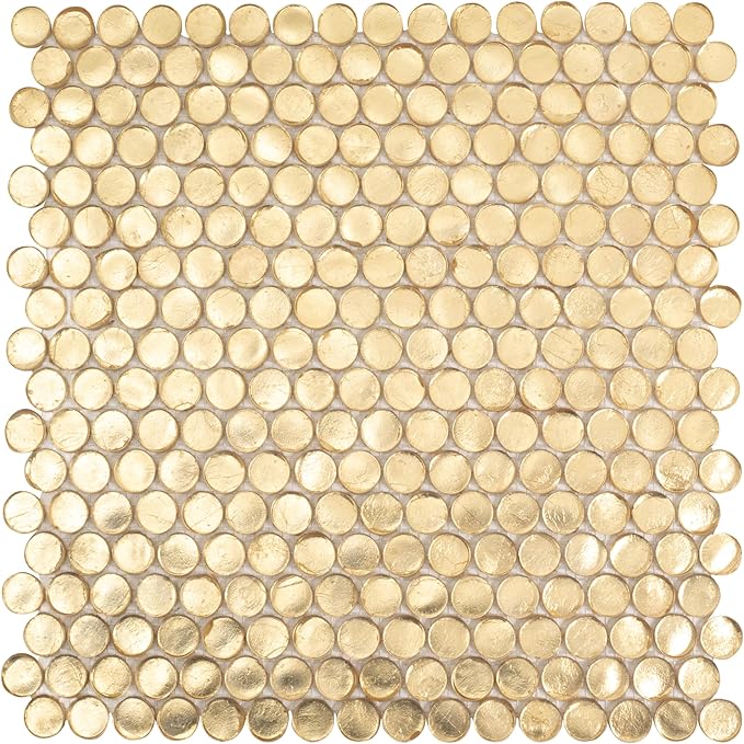Box of 10 Glossy Gold Glass Penny Round Mosaic Tiles – 12.2" x 12.2" Mesh-Mounted Sheets, 10.34 Sq Ft, Not Peel & Stick - Kitchen Backsplash, Shower Wall, Bathroom, Fireplace, Interior Decor