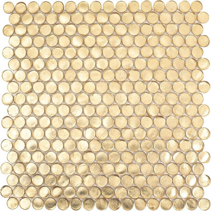 Box of 10 Glossy Gold Glass Penny Round Mosaic Tiles – 12.2" x 12.2" Mesh-Mounted Sheets, 10.34 Sq Ft, Not Peel & Stick - Kitchen Backsplash, Shower Wall, Bathroom, Fireplace, Interior Decor