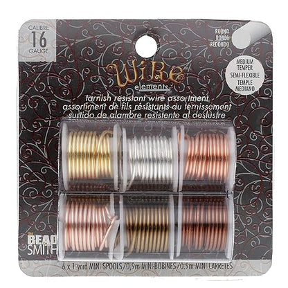The Beadsmith Craft Wire Assortment - Tarnish-Resistant Copper Wire for Jewelry Making, 6-Pack, 0.75-Inch Mini Spools, 1 Yd Each, 16-Gauge, Assorted Colors, Medium Temper