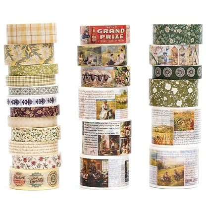 Vintage Washi Tape Set - 24 Rolls Arts Adhesive Tapes Assorted Retro Decorative Masking Tape Sets for Craft, Kids, Scrapbook, DIY, Gift Wrapping (10-Countryside Charm)