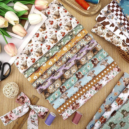 Ganeen 60 Pcs 10 x 10 Inch Highland Cow Quilting Fabric Squares Vintage Highland Cow Fat Patchwork Precut Strips Retro Multicolor Fabric Bundles for Holiday DIY Craft Sewing Quilt Material Handmade