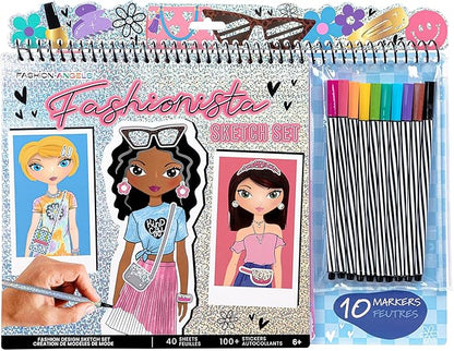 Fashion Angels Fashionista Sketch Set, Includes Sketch Pad with Stencils & Stickers, Fashion Design Sketch Book for Girls, Ideal Drawing Kit for Kids