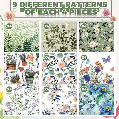 Crtiin 36 Pack 9 Styles Decoupage Napkins Assorted Floral Decorative Decoupage Napkins Chinoiserie Cocktail Paper for DIY Crafting Birthday Party, Each Unfolded 13 Inch(Fresh Plants)