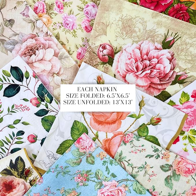 Keep Unique Mystery Pack Decoupage Paper Napkins, 20-ct Assorted Surprise Napkins, Decorative Napkins Floral for Art Craft Junk Journal, Scrapbooking, 20 Different Flower Designs