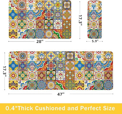 Boho Kitchen Rugs Set 2 Memory Foam Colorful Ceramic Comfort Tile Floor Mat Anti Fatigue Non-Skid PVC Runner Rug Water & Oil Proof Carpet for Kitchen Laundry Sink,17.3x28+17.3x47 Inch, C2