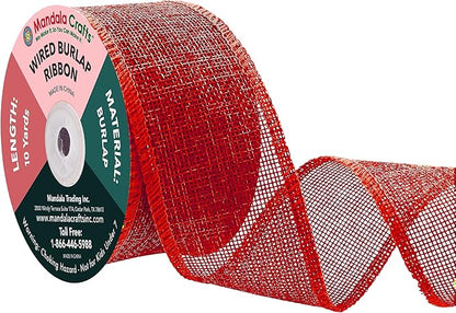 Mandala Crafts Red Burlap Wired Ribbon 2 Inches Wide Jute Ribbons for Crafts - 10 Yds Roll Rustic Burlap Wrap Trim Ribbons for Wreaths Bows Party Decoration